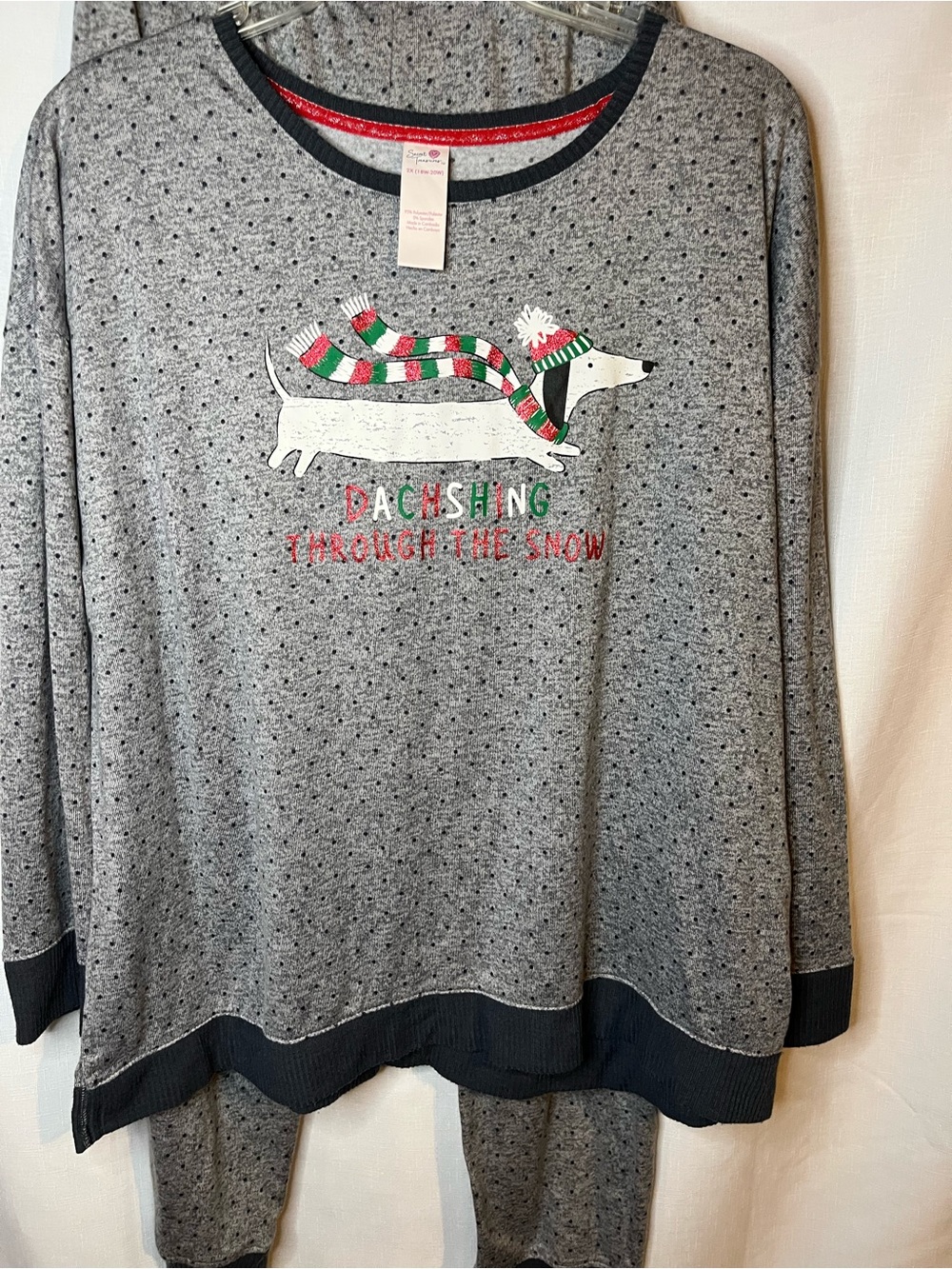 Secret Treasures Grey Dachshund Holiday Top with Red and Green Accents